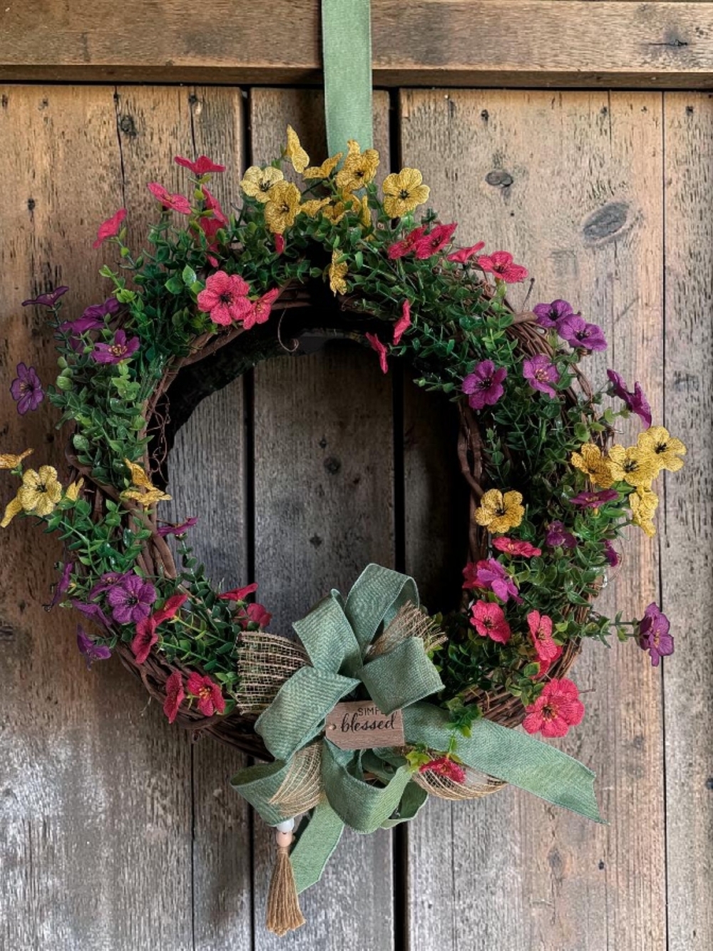 Floral Grapevine Wreath with Pink, Purple & Yellow Flowers